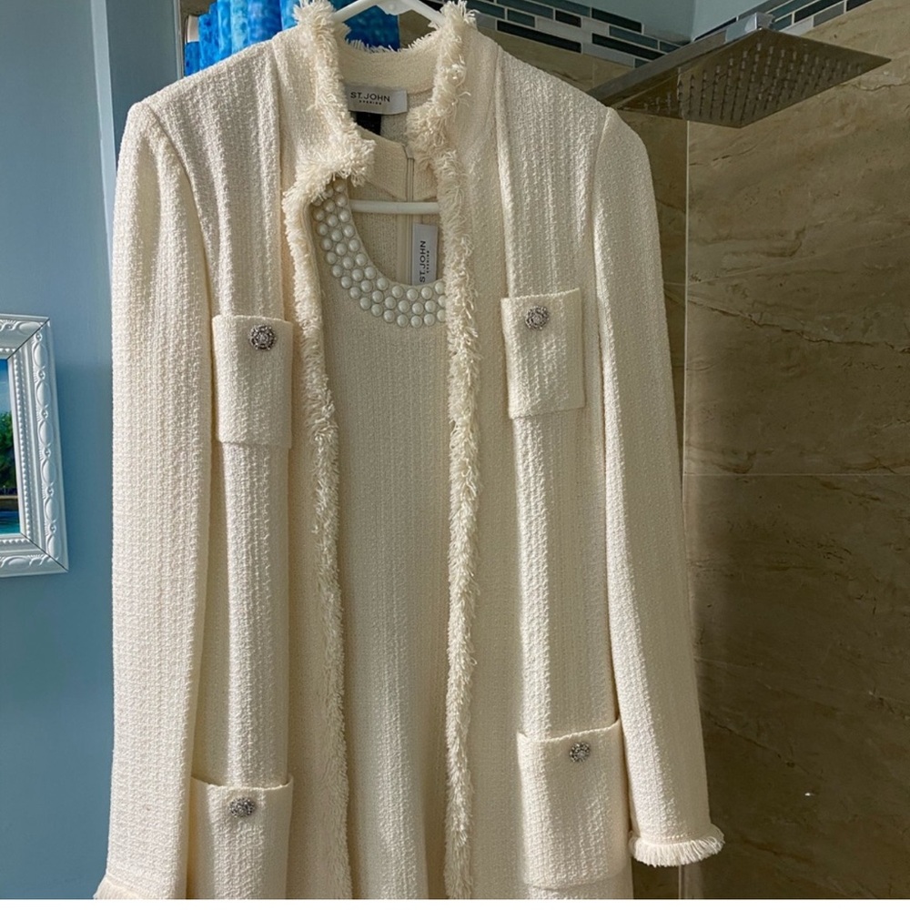 St. John White Midi Knitted Dress and Long Jacket